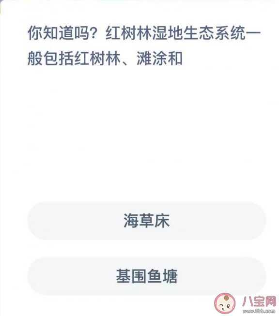 蚂蚁森林红树林湿地生态系统一般包括红树林滩涂和什么 神奇海洋12月5日答案 蚂蚁森林红树林湿地生态系统一般包括红树林滩涂和什么 神奇海洋12月5日答案