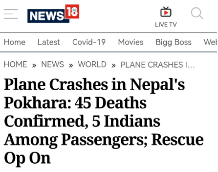 外媒：尼泊尔空难已造成至少45人死亡
