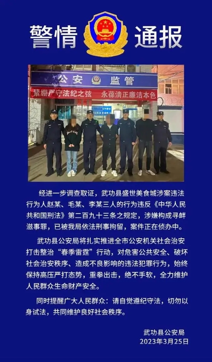 陕西武功一女子在面馆遭殴打，三人涉嫌寻衅滋事罪被刑拘